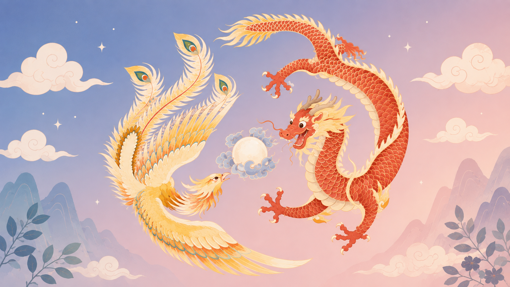 Illustrated golden phoenix and red dragon circling a pearl among pastel clouds